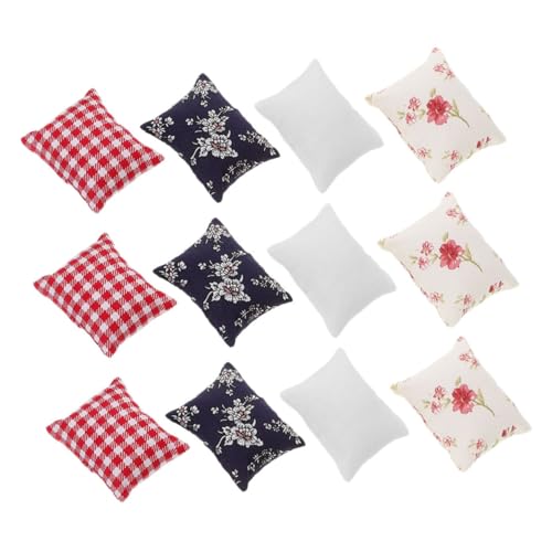 Gatuida 12 Stück Maßstab Kleine Sofa Dekokissen Weiß Rot Blau Gemustert Für Kreatives Und Puppenhaus Zubehör von Gatuida