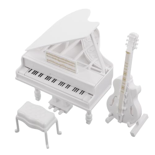 Gatuida 3 Stück Realistisches Miniatur Klavier mit Mini Gitarre und Hocker Puppenhaus Möbel Modell für Fotografie Requisiten und Sammler Detailgetreue Mini Musikinstrumente Dekoration von Gatuida