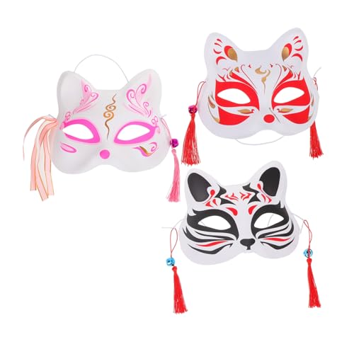 Gatuida 3 Stück Teiliges Halbgesichtige Handbemalte Japanische Katzen-fuchs-masken aus Kunststoff Bequemes Tier-cosplay-zubehör für Halloween-Party und Rollenspiele Geeignet für Erwachsene von Gatuida
