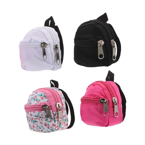Gatuida 4 Stück Teiliges Mini Rucksack für Puppen Leichter Polyester Zipper Rucksack in Weiß Rosa Schwarz Muster Miniatur Schulranzen für DIY Puppenhaus Zubehör Rollenspiele von Gatuida