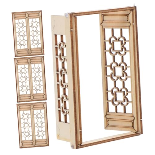Gatuida 4Stücke Miniatur Holzfenster Vintage Chinesische Stil Dollhouse Fensterrahmen für Puppenhaus Dekoration und Beige DIY Materialpaket von Gatuida