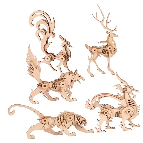 Gatuida 5 Stück Teiliges Holzpuzzle Tiere DIY für Kreative Tiermodelle Wolf Drache Fuchs Hirsch Tiger Pädagogisches Holzspielzeug für Eltern Junge Mädchen Spiel und Lernspaß von Gatuida