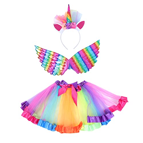 Gatuida Kostümset für Mädchen Regenbogen Tüllrock mit Einhorn Haarreif und Flügel für Karneval Cosplay und Geburtstagsfeiern Hautfreundlichem Material Langlebig und von Gatuida