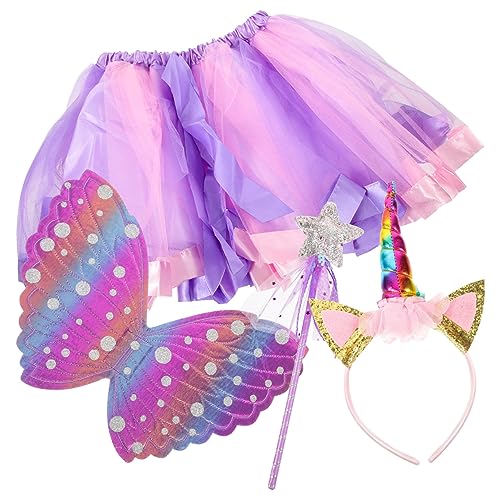 Gatuida Mädchen Feenkostüm Set mit Tüllrock Einhorn Haarreif Zauberstab und Flügeln Buntes Cosplay Outfit für Party Fasching Karneval und Bühnenauftritte von Gatuida