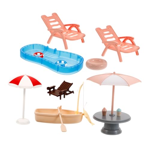 Gatuida Miniatur Dollhouse Strandset mit Schwimmbad Strandstuhl Sonnenschirm und Schwimmring DIY Strandspielzeug für Kreative Puppenhaus Dekorationen Tragbar und Langlebig von Gatuida