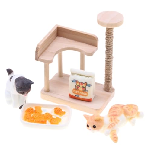 Gatuida Miniatur Holz Katzenbaum Puppenhaus Dekoration Mini Katzenfigur Katzen Kletterturm Modell Zubehör für DIY Miniaturszene und Raumgestaltung Katzenliebhaber von Gatuida