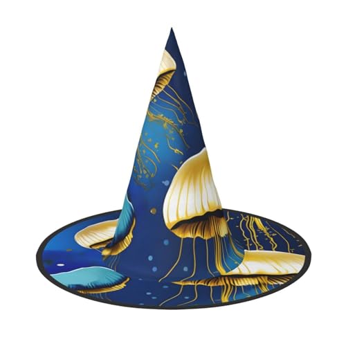 GaxfjRu Blauer und goldener Quallen-Druck, Halloween-Hexenhut, Hexenkostüm, Zubehör für Halloween, Cosplay, Party, Urlaub, Dekoration, 3 Stück von GaxfjRu