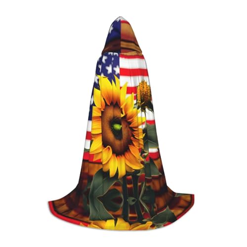 GaxfjRu Kapuzenumhang mit Sonnenblumen- und amerikanischer Flagge, Renaissance-Umhang für Damen und Herren, Mittelalter-Umhang, Wikinger-Zauberer-Bademantel mit Kapuze von GaxfjRu