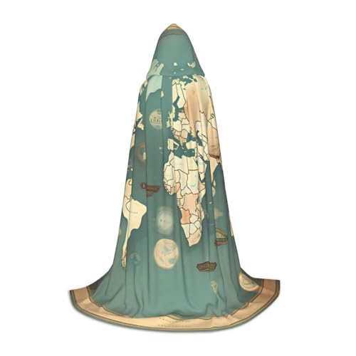 GaxfjRu Mittelalterlicher Umhang mit Kapuze und Weltkarte, Retro-Druck, Umhang mit Kapuze, für Herren, Halloween, Renaissance-Kostüm, Wikinger-Stil von GaxfjRu