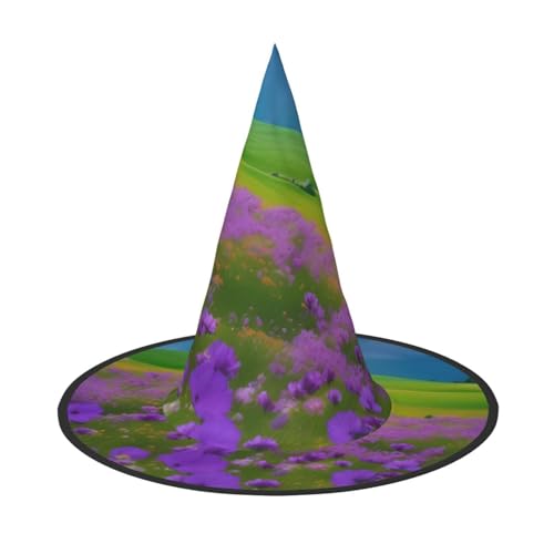 GaxfjRu Natur lila Blumen Wiese Berg Scenic Print Halloween Hexenhut Hexen Kostüm Zubehör für Halloween Cosplay Party Urlaub Dekoration 3 Stück von GaxfjRu