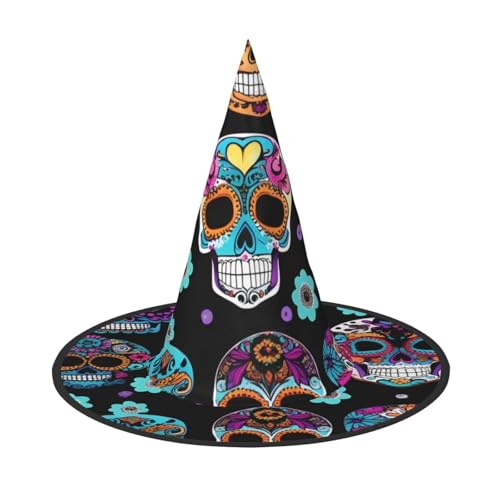 GaxfjRu Sugar Skull Print Halloween Hexenhut, Hexenkostüm, Zubehör für Halloween, Cosplay, Party, Urlaub, Dekoration, 3 Stück von GaxfjRu