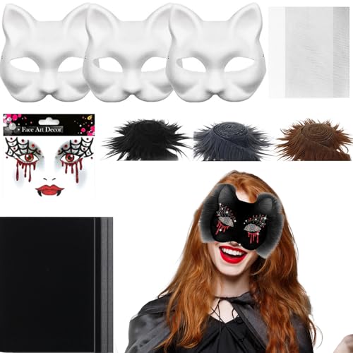 Gcerfby Katzenmaske Set - Einfarbige Tierkostüm-Masken,Zubehör-Set Mit Mesh- Und Filzblättern Für Handwerkskunst Zu Karneval Cosplay Festen von Gcerfby