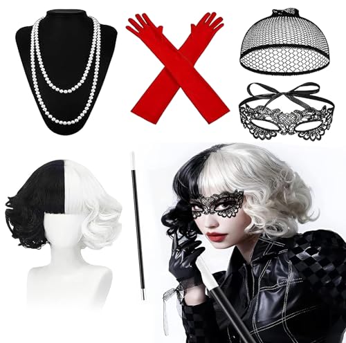 Gcffom 6-teiliges Cruella Kostüm Damen, Cruella Perücke mit Spitze Maske, Perückenmütze, Handschuhe, Perlenkette Halskette, 70er Jahre Accessoires für Karneval Kostüm Cosplay von Gcffom