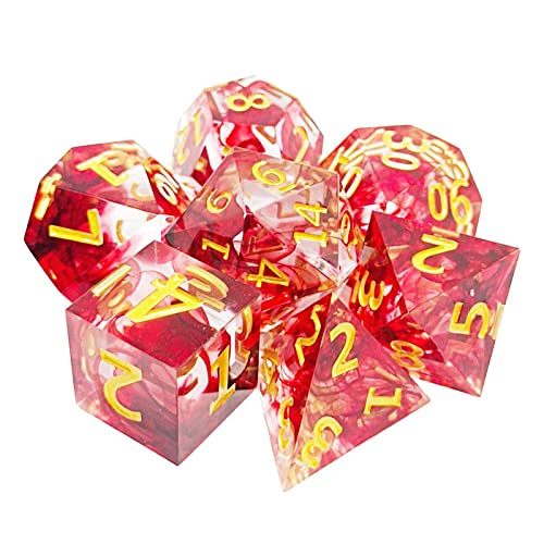 Gcljlmy Packung mit 7 Polyhedral Crystal RPG Rollenspiel Würfel Bluteffekt Würfel Sets Rote schwebende Seide für Unregelmäßige RPG Würfel, Goldene Zahlen von Gcljlmy