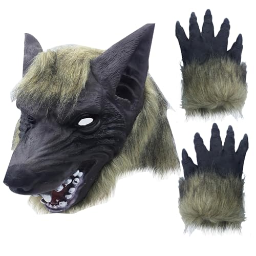 Gcroet Wolf Head Mask Halloween Scary Full Face Werwolf Maske mit Handschuhen für Halloween und Cosplay -Kostümparty Horror Nights Black 1pc von Gcroet