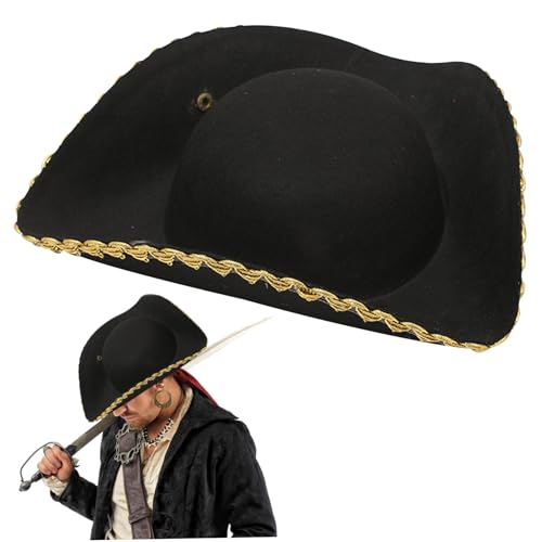 Tricorn Hat Faux Leder Halloween Piratenhut Unisex mit sicherem Knopf, das Colonial für Erwachsene trägt, Kinderrevolutionär Krieg Kostüm (schwarz mit goldener Kante) von Gcroet