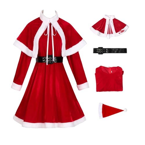 Gcufoyae Damen-Weihnachtskostüm, Weihnachts-Kapuzenkleid, Umhang, Mrs. Claus, Weihnachtsmann-Outfit mit Weihnachtsmützengürtel von Gcufoyae