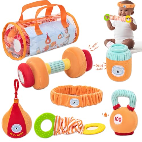 Gdbykds Rattle Gym Plüsch 6 Stück Set 0-12 Monate Babyspielzeug - Fitness Themen Sensorische Rattle Set - Sensorische Spielzeug für Babys mit Hantel/CarryBag/Sandbag/Kettlebell/Tensioner/Sport Kopfban Gdbykds Rattle Gym Plüsch 6 Stück Set 0-12 Monate Babyspielzeug - Fitness Themen Sensorische Rattle Set - Sensorische Spielzeug für Babys mit Hantel/CarryBag/Sandbag/Kettlebell/Tensioner/Sport Kopfban von Gdbykds