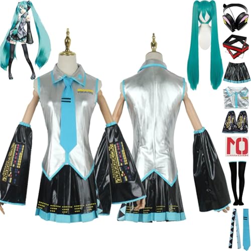 Anime H'atsune M'iku Cosplay Kostüm Outfit Japanische Anfänger Zukunft Uniform Komplettes Set Damen Mädchen Halloween Dress Up Anzug mit Perücke/Kopfschmuck/Kopfhörer/Aufkleber, H'atsune Mik'u Cospl von GeRRiT