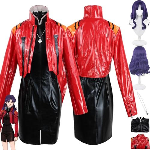 GeRRiT Anime EVA Misato Katsurgi Cosplay Kostüm Outfit Rollenspiel Uniform Rote Jacke Kleider Komplettset Halloween Party Karneval Dress Up Anzug mit Perücke für Fans von GeRRiT