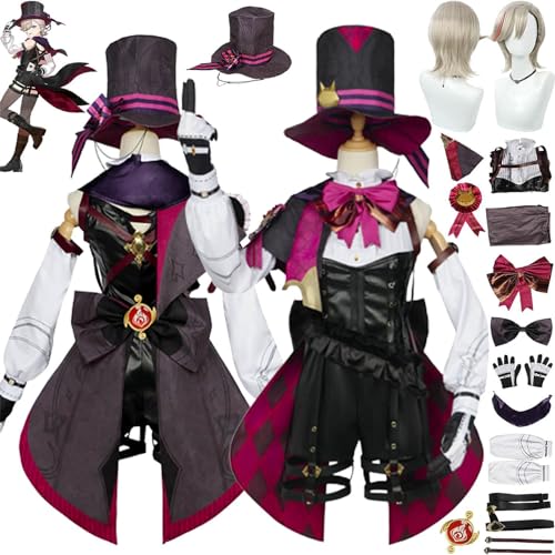 Genshin Impact Lyney Cosplay Kostüm Outfit Spielcharakter Uniform Lynette Overall Komplettset Halloween Party Karneval Anziehanzug mit Hut Perücke für Mädchen Frauen von GeRRiT