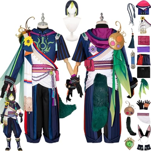 Genshin Impact Tighnari Cosplay Kostüm Outfit Spielcharaktere Uniform Komplettset Halloween Karneval Party Dress Up Anzug mit Kopfbedeckung Schwanz Perücke, Männer Jungen verkleiden von GeRRiT