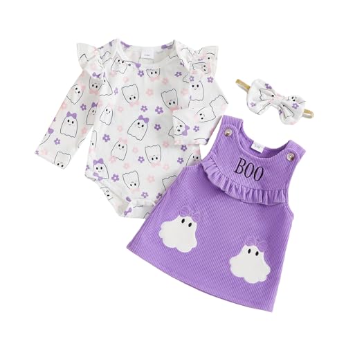 Geagodelia Baby Mädchen Halloween Kleidung Outfit Kürbis Geist Babykleidung Set Body Top + Overall Kleid Neugeborene Weiche Babyset (Boo - Lila, 0-3 Monate) von Geagodelia