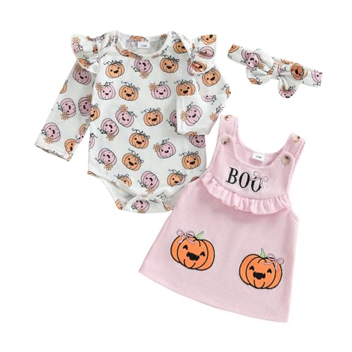 Geagodelia Baby Mädchen Halloween Kleidung Outfit Kürbis Geist Babykleidung Set Body Top + Overall Kleid Neugeborene Weiche Babyset (Boo - Pink, 0-3 Monate) von Geagodelia