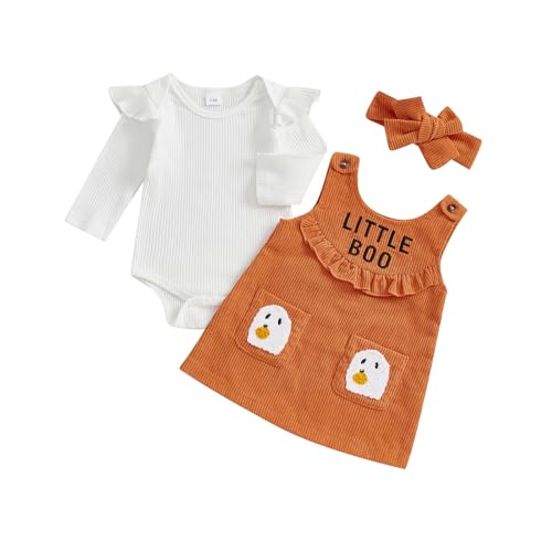 Geagodelia Baby Mädchen Halloween Kleidung Outfit Kürbis Geist Babykleidung Set Body Top + Overall Kleid Neugeborene Weiche Babyset (Little Boo - Orange, 12-18 Monate) von Geagodelia