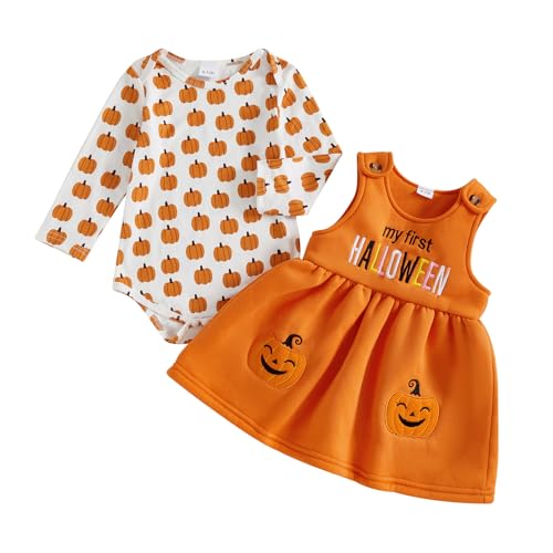 Geagodelia Baby Mädchen Halloween Kleidung Outfit Kürbis Geist Babykleidung Set Body Top + Overall Kleid Neugeborene Weiche Babyset (My First Halloween - Orange, 12-18 Monate) von Geagodelia