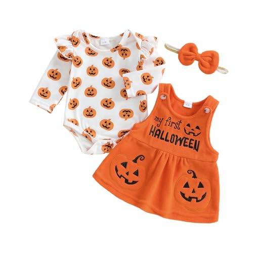 Geagodelia Baby Mädchen Halloween Kleidung Outfit Kürbis Geist Babykleidung Set Body Top + Overall Kleid Neugeborene Weiche Babyset (My First Halloween - Orange 2, 3-6 Monate) von Geagodelia