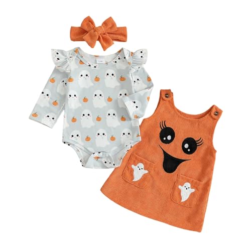Geagodelia Baby Mädchen Halloween Kleidung Outfit Kürbis Geist Babykleidung Set Body Top + Overall Kleid Neugeborene Weiche Babyset (Orange & Grau, 6-12 Monate) von Geagodelia