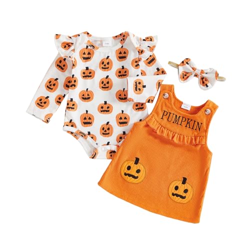 Geagodelia Baby Mädchen Halloween Kleidung Outfit Kürbis Geist Babykleidung Set Body Top + Overall Kleid Neugeborene Weiche Babyset (Pumpkin - Orange, 0-3 Monate) von Geagodelia