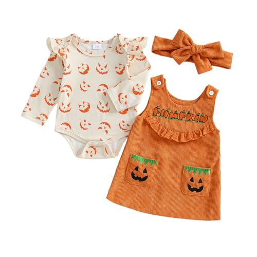 Geagodelia Baby Mädchen Halloween Kleidung Outfit Kürbis Geist Babykleidung Set Body Top + Overall Kleid Neugeborene Weiche Babyset (Pumpkin - Orange 2, 6-12 Monate) von Geagodelia