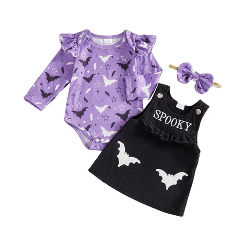 Geagodelia Baby Mädchen Halloween Kleidung Outfit Kürbis Geist Babykleidung Set Body Top + Overall Kleid Neugeborene Weiche Babyset (Spooky - Schwarz, 0-3 Monate) von Geagodelia