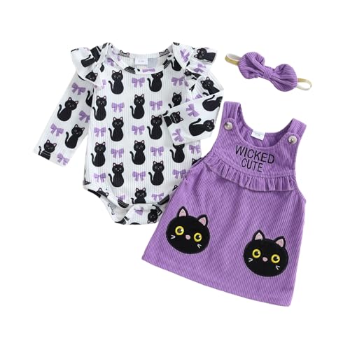 Geagodelia Baby Mädchen Halloween Kleidung Outfit Kürbis Geist Babykleidung Set Body Top + Overall Kleid Neugeborene Weiche Babyset (Wicked Cute - Lila, 12-18 Monate) von Geagodelia