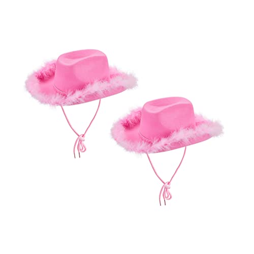 Geagodelia Filz Cowboyhut Damen Flauschig mit Federn Krempe Tiara Cowgirl Kostüm Hut Erwachsene Halloween Kostüme Hut Karneval Partyhut (2PCS Pink, Einheitsgröße) von Geagodelia