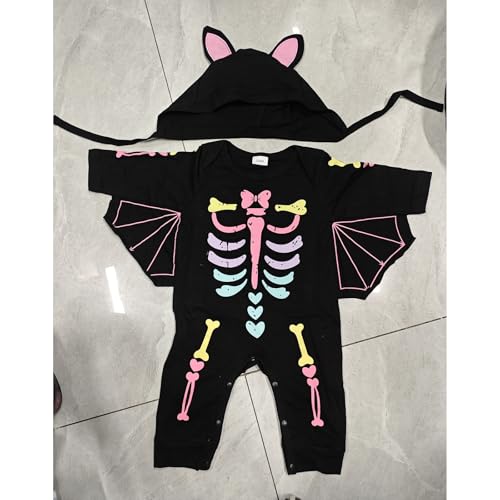 Geagodelia Mädchen Halloween Strampler Skelettdruck Langarm Overalls und Hut Set Baby Neugeborenes 2 Stück Outfits Halloween Outfit (Rosa, 0-3 Months) von Geagodelia
