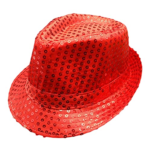 Geagodelia Pailletten Fedora Hut Damen Herren Glitzer Trilby Hut Fasching Karneval Halloween Disco Kostüm Hut Partyhut für Erwachsene (Rot, One size) von Geagodelia