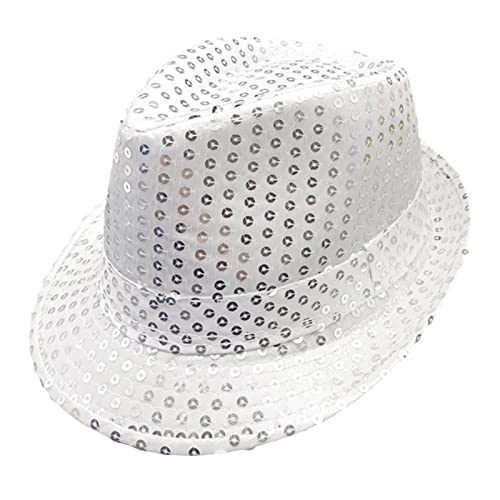 Geagodelia Pailletten Fedora Hut Damen Herren Glitzer Trilby Hut Fasching Karneval Halloween Disco Kostüm Hut Partyhut für Erwachsene (Weiß, One size) von Geagodelia