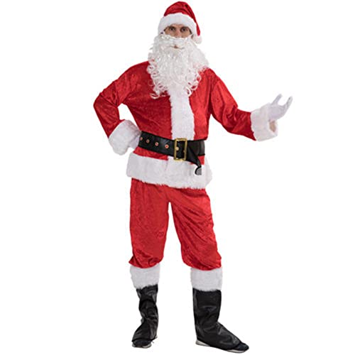 Geagodelia Weihnachtsmann Kostüm Set für Herren Männer Jacke + Hose + Schuhebedeckung + Gürtel + Mütze + Bart + Handschuhe Nikolaus Kostüm Weihnachtskostüm Weihnachten Kleidung Outfit Rot (L) von Geagodelia