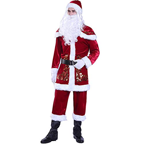 Geagodelia Weihnachtsmann Kostüm Set für Herren Männer Jacke + Hose + Stola + Gürtel + Mütze + Bart + Handschuhe + Schuhebedeckung Nikolaus Kostüm Weihnachtskostüm Weihnachten Outfit Kleidung (M) von Geagodelia