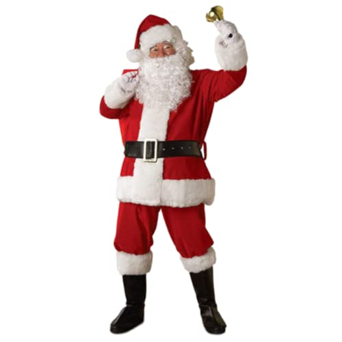 Geagodelia Weihnachtsmann Kostüm Set mit Jacke Hose Mütze Bart Gürtel Handschuhe Schuhebedeckung Herren Nikolaus Kostüm Erwachsene Santa Claus Weihnachten Kleidung (Rot, 3XL) von Geagodelia
