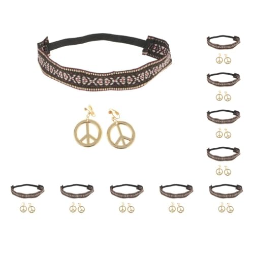 Geardeangloow 10 Set Hippie Stirnband Gold Peace Zeichen Ohrringe Kit Frauen Mädchen Party Kostüm Requisiten von Geardeangloow