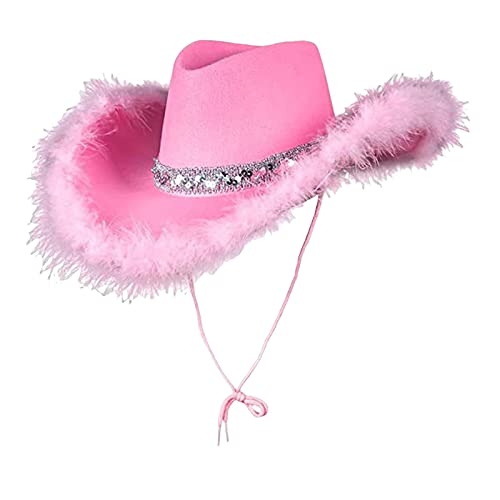 Geardeangloow Stilvoller rosafarbener Cowboyhut mit breiter Krempe, Cowgirl-Hut für Mädchen, Party, Urlaub, Stil 5 von Geardeangloow