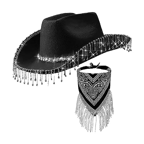 Geardeangloow Western Cowboy Cowgirl Hut Bling Strass Fransen Hut Halloween Kostüme Schwarz 12,5cm von Geardeangloow