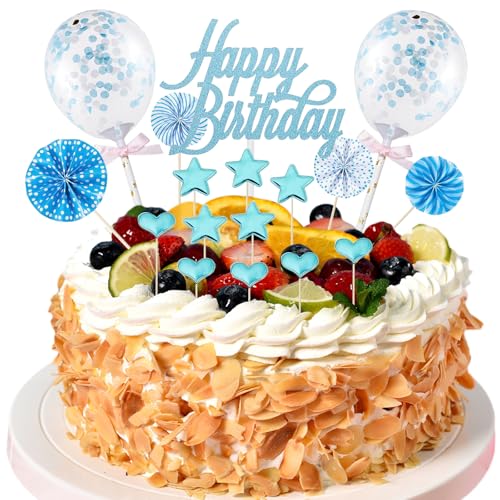 17 Stück Tortendeko Geburstagstorte, Glitter Cake Topper Happy Birthday, Cupcake Topper mit Sternen Liebe Konfetti-Luftballons und Papierfächer, Happy Birthday Kuchendeko(Blau) von Gebrazy
