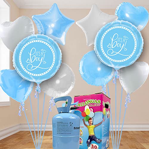Babyparty Heliumballon Komplett Sets für Jungen mit vielen Folienballons, Helium-Ballongas Flasche und passenden Ballonbändern. (Hellblau It´s a Boy) von Geburtstagsfee