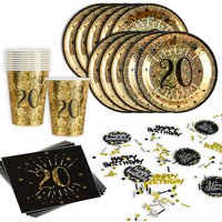 Basicset zum 20. Geburtstag in schwarz-gold glitzernd, 31-teilig für 10 Gäste von Geburtstagsfee