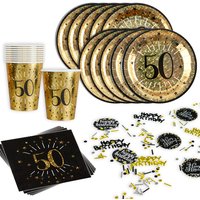 Basicset zum 50. Geburtstag in schwarz-gold glitzernd, 31-teilig für 10 Gäste von Geburtstagsfee